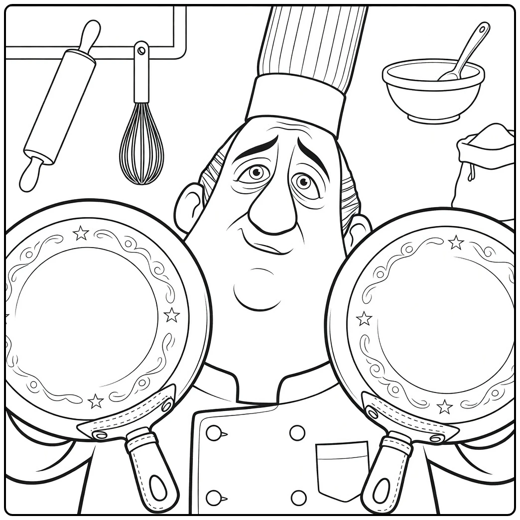 Ratatouille Kleurplaat chefkok met twee pannen