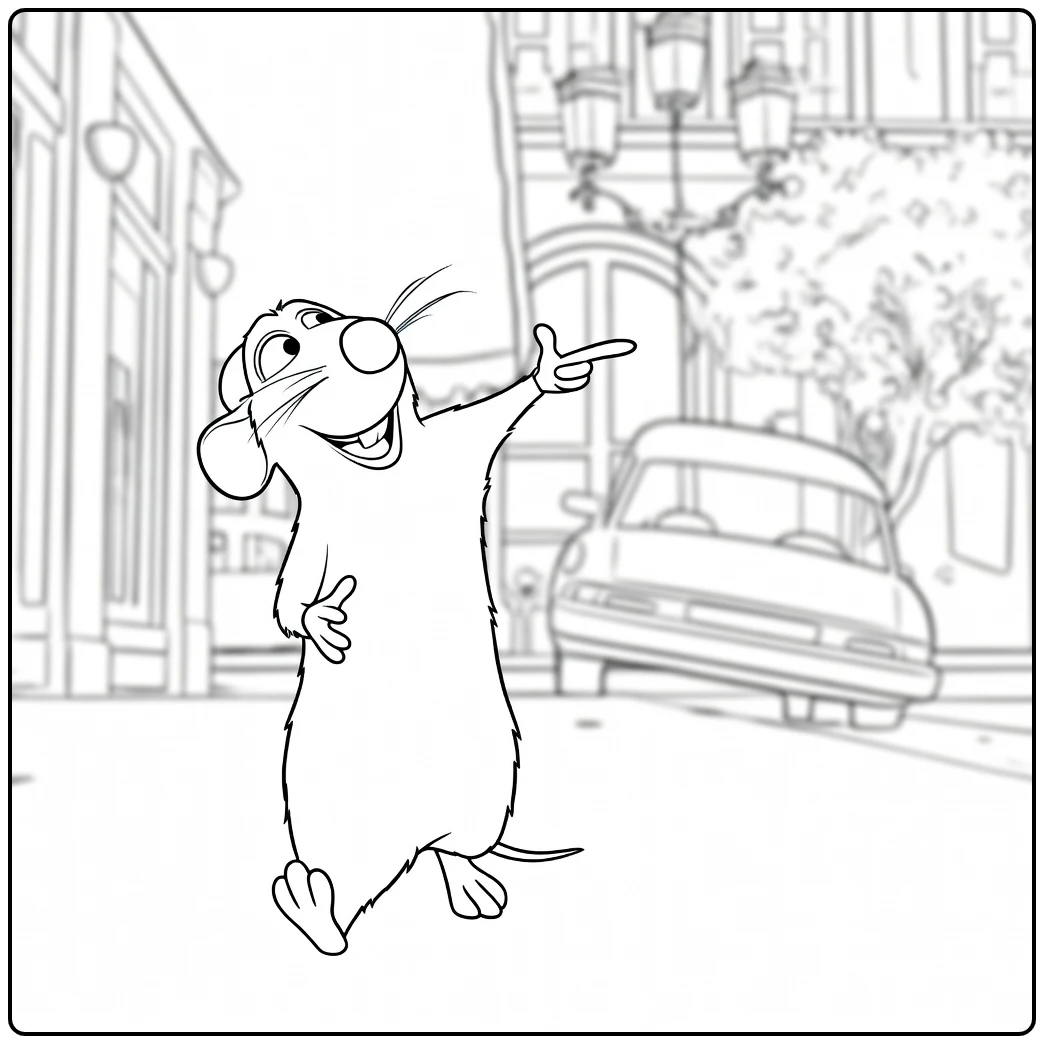 Ratatouille Kleurplaat van Remy die wijst op straat