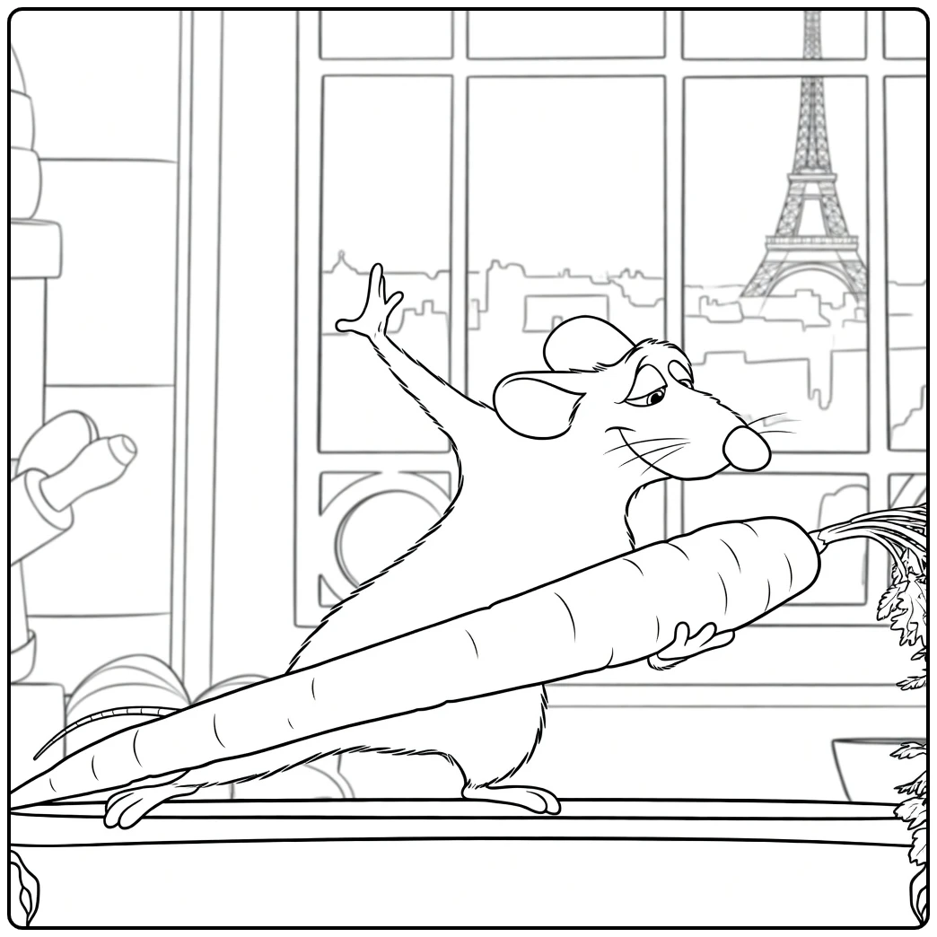 Ratatouille Kleurplaat Remy met wortel en Eiffeltoren
