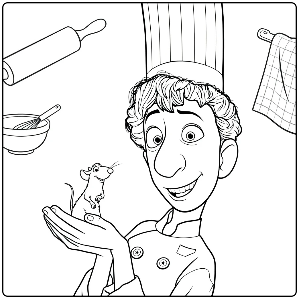 Ratatouille Kleurplaat met chef en Remy in de keuken
