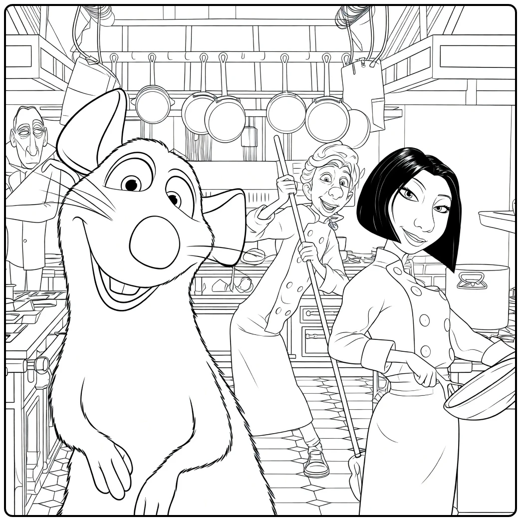 Ratatouille Kleurplaat met Remy en koks in de keuken
