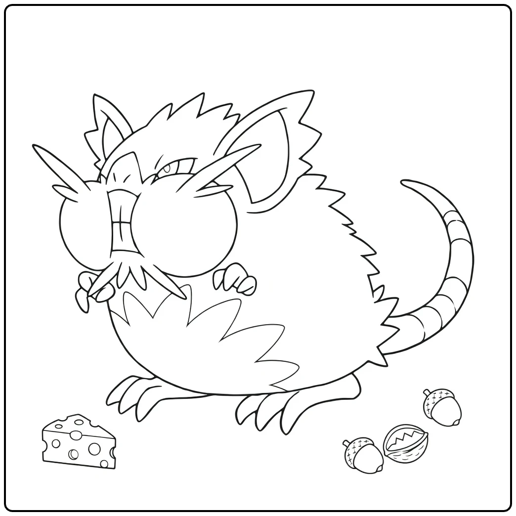 Raticate Alolan Form Kleurplaat met kaas en eikels