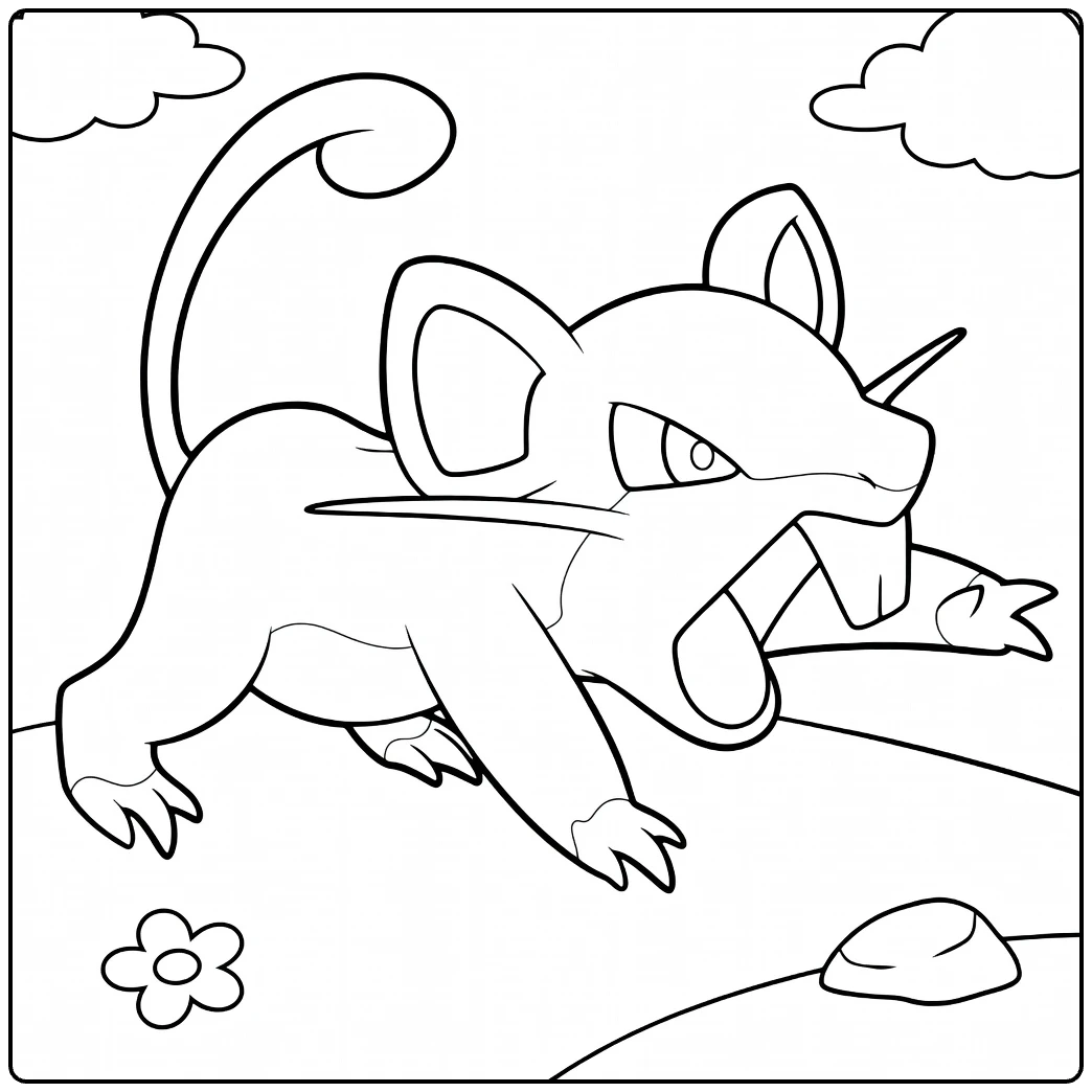 Rattata kleurplaat: grommende Rattata in aanval