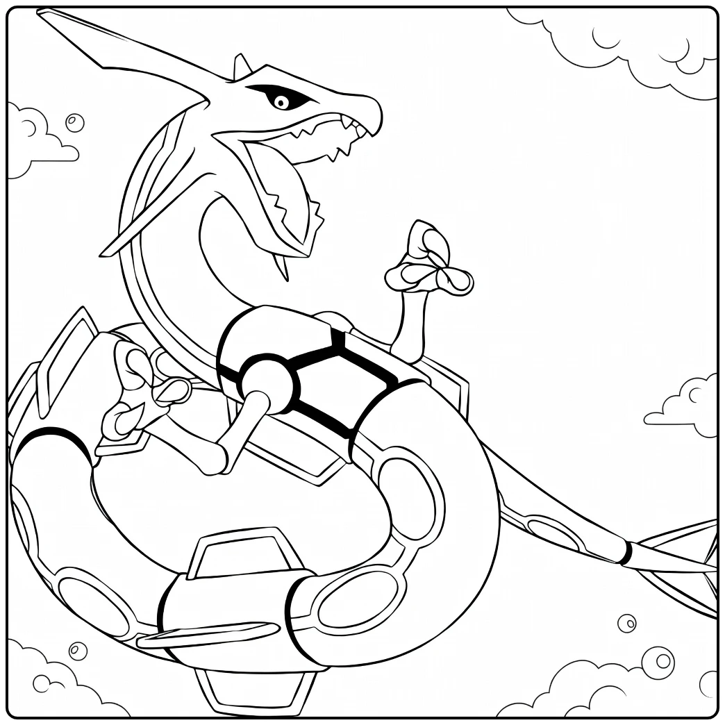 Rayquaza Kleurplaat: vliegende draak Pokémon met wolken