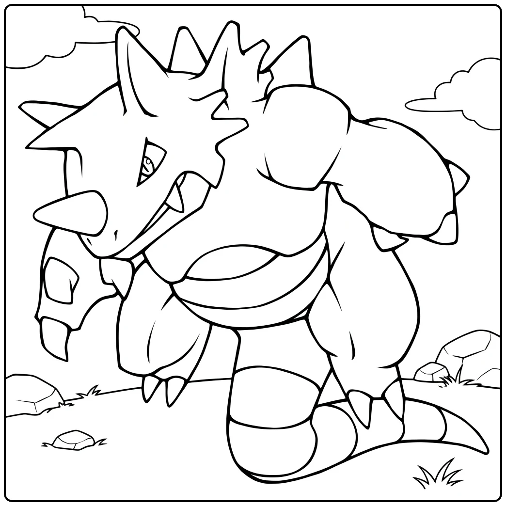 Rhydon kleurplaat: stoere Pokémon in rotslandschap