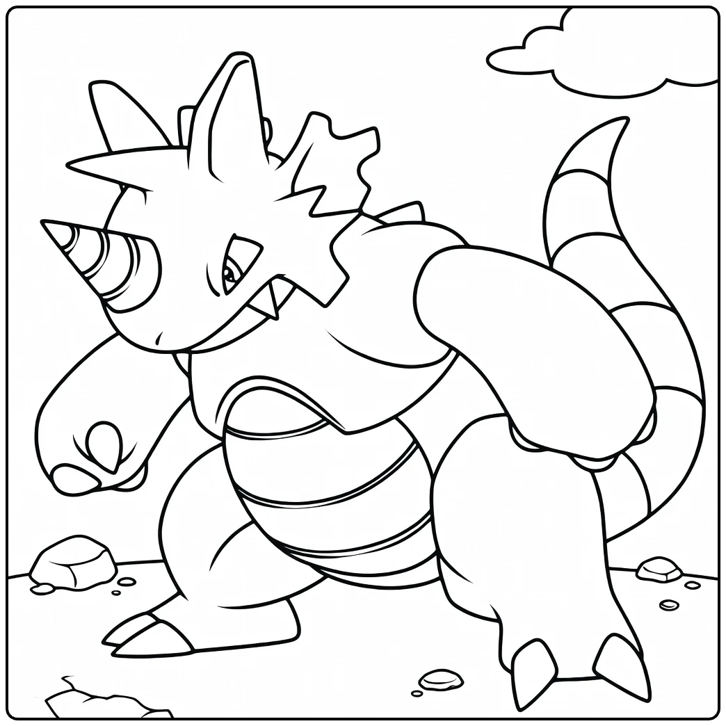 Rhydon Kleurplaat: stoere Pokémon met hoorn en staart
