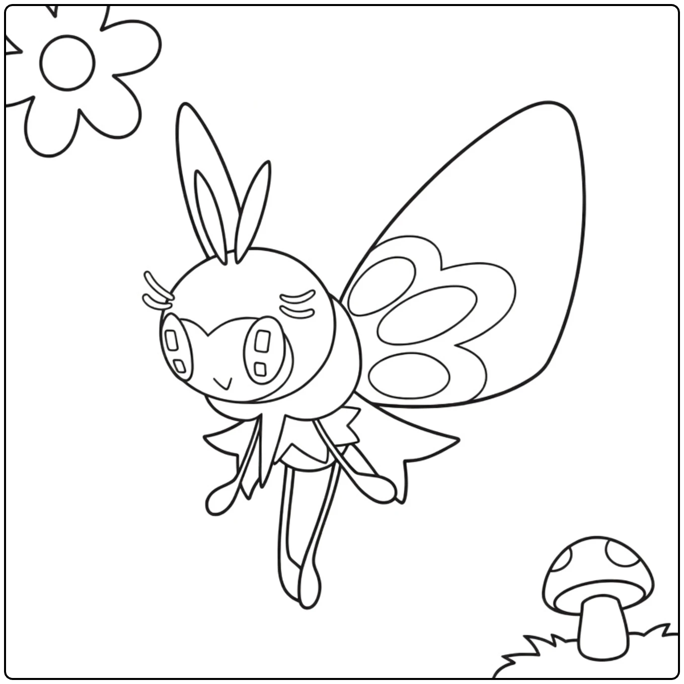 Ribombee kleurplaat: schattige Pokémon bij bloemen en paddenstoel