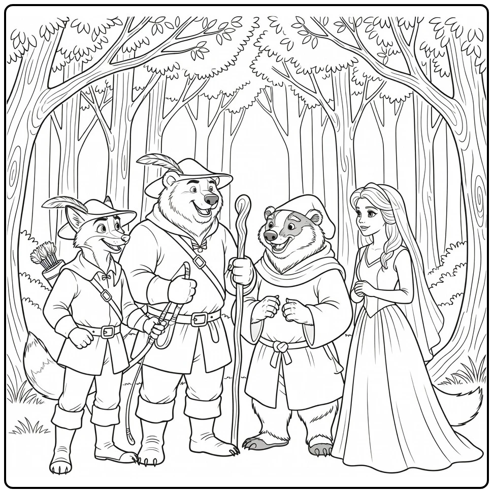 Robin Hood kleurplaat met Little John, Broeder Tuck en Marian
