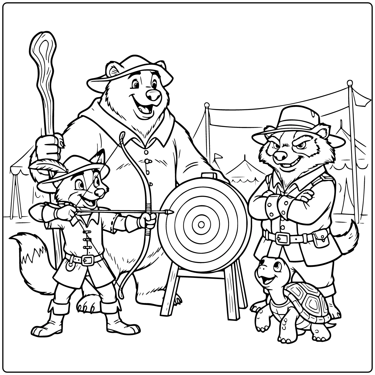 Robin Hood kleurplaat met Little John en Sheriff Nottingham