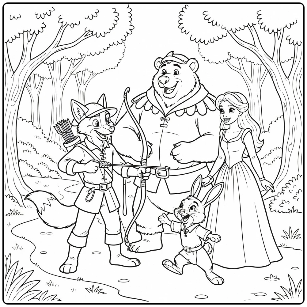 Robin Hood kleurplaat: Disney vos-archer, Little John, Maid Marian
