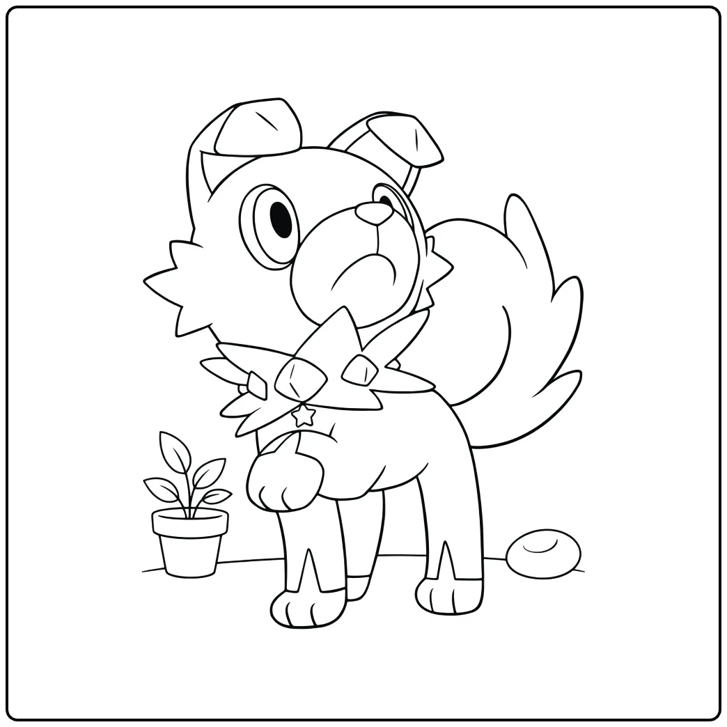 Rockruff kleurplaat: schattige Pokémon pup met plant