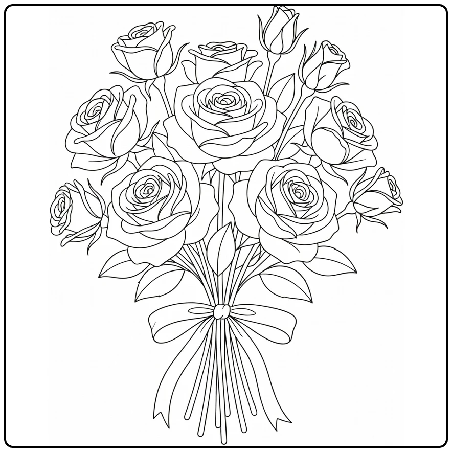 Roos kleurplaat met open rozenbloemen en knoppen in boeket