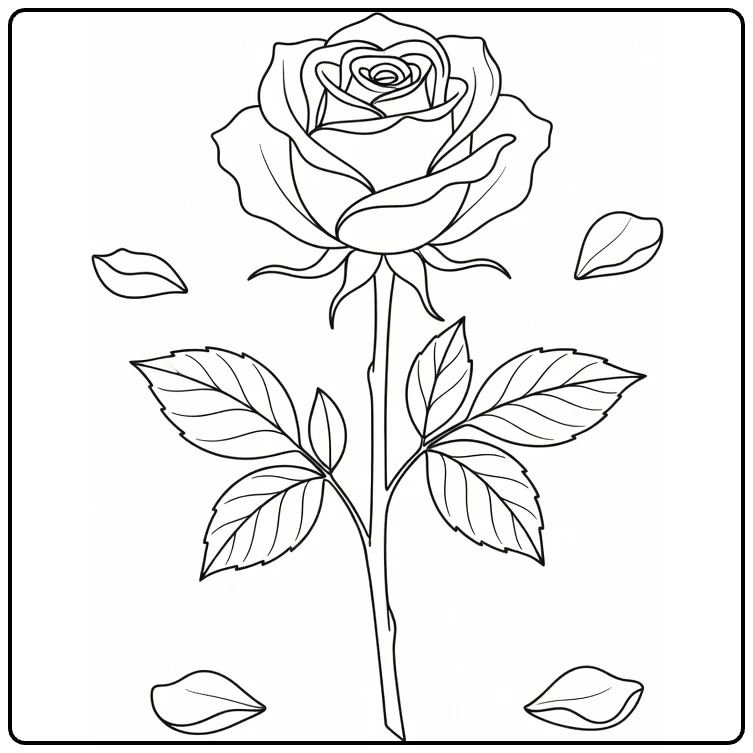Roos kleurplaat met elegante bloem en bladeren