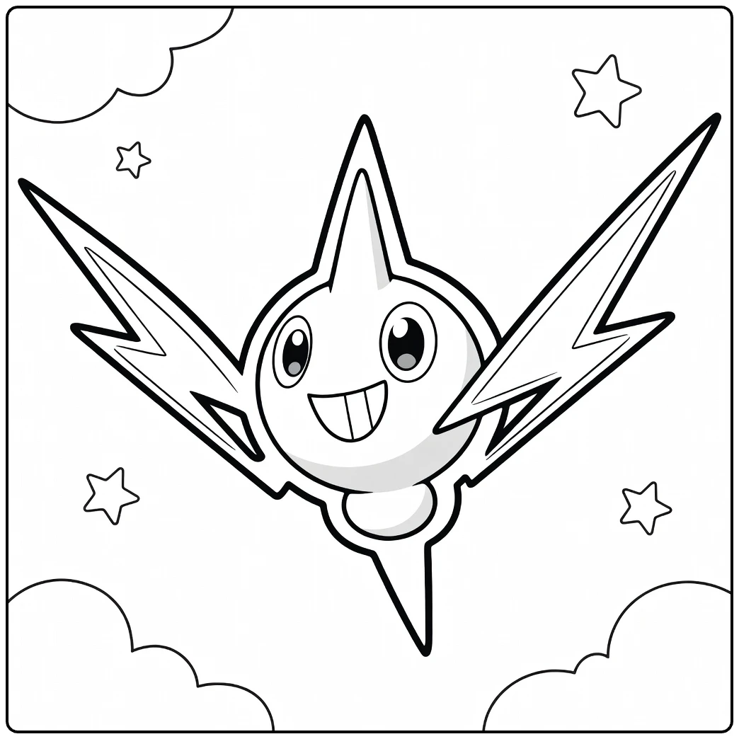 Rotom Kleurplaat: blije Pokémon met bliksems, sterren, wolken