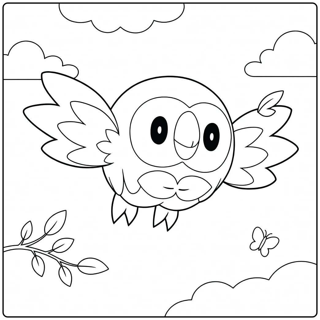 Rowlet Kleurplaat vliegende uil Pokémon met wolken
