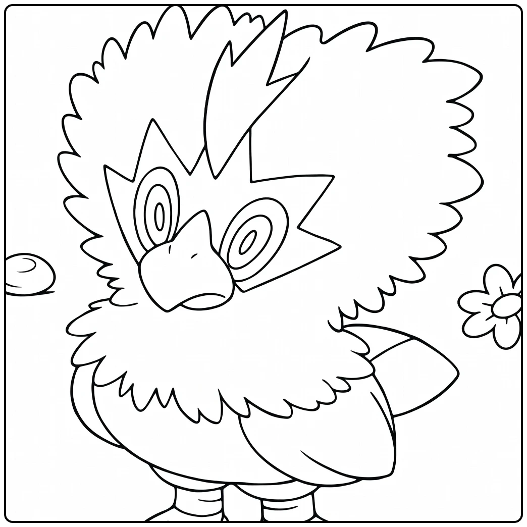 Rufflet kleurplaat: schattige Pokémon-eagle met pluimen en bloem