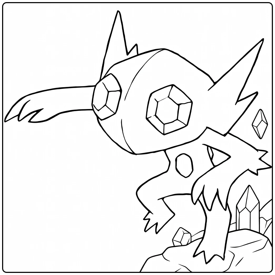 Sableye Kleurplaat: Pokémon met diamantogen en klauwen op rotsen