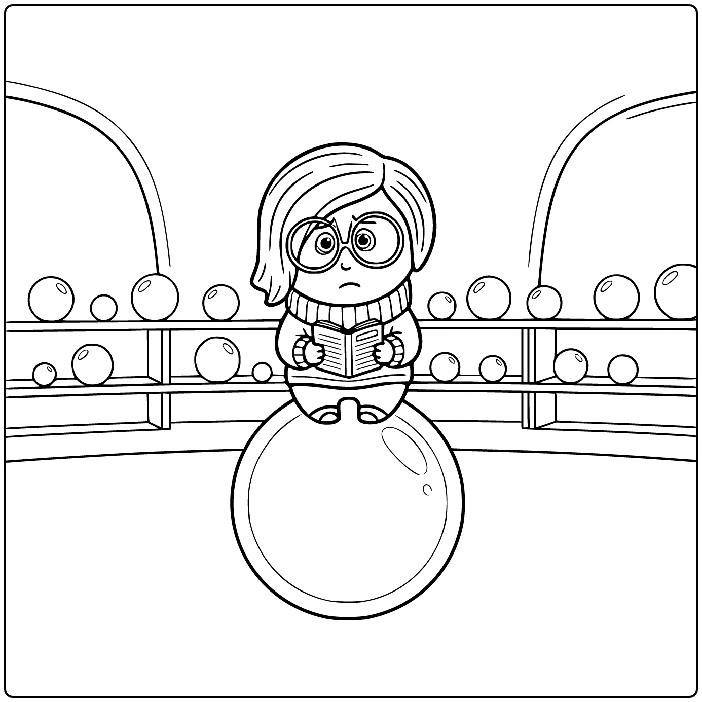 Sadness Inside Out zittend op een grote memory orb