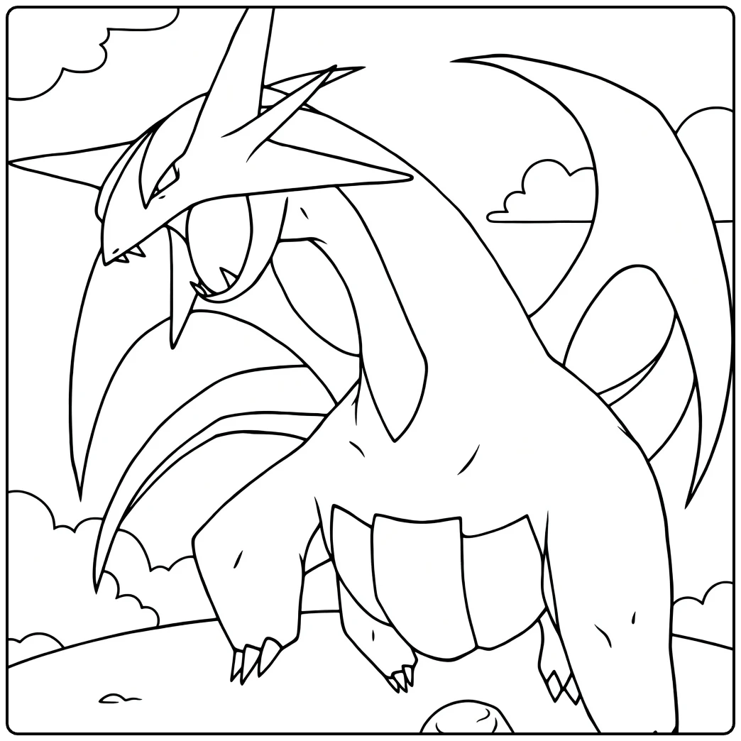Salamence Kleurplaat: felle Pokémon draak met vleugels