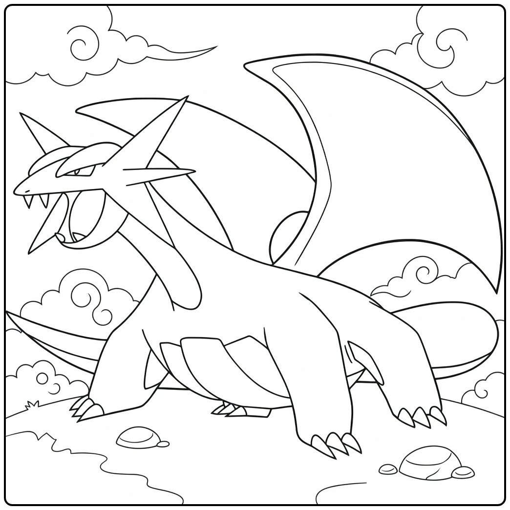 Salamence Kleurplaat: brullende draak met vleugels