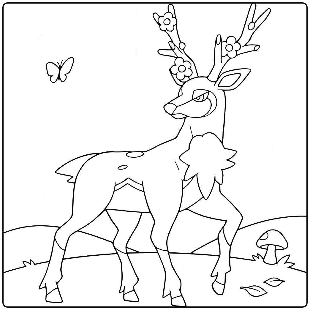 Sawsbuck kleurplaat lente vorm met bloemen en vlinder