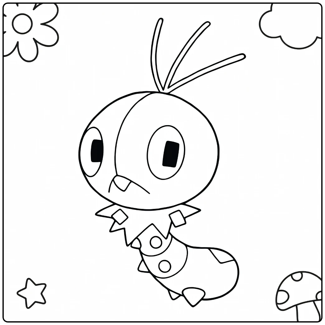 Scatterbug kleurplaat: schattige Pokémon rups met bloemen