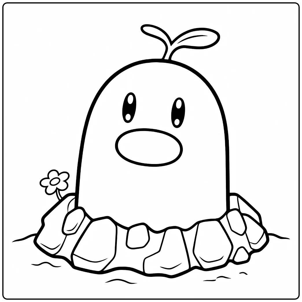 Alolan Diglett kleurplaat met spruitje en bloem op rotsen