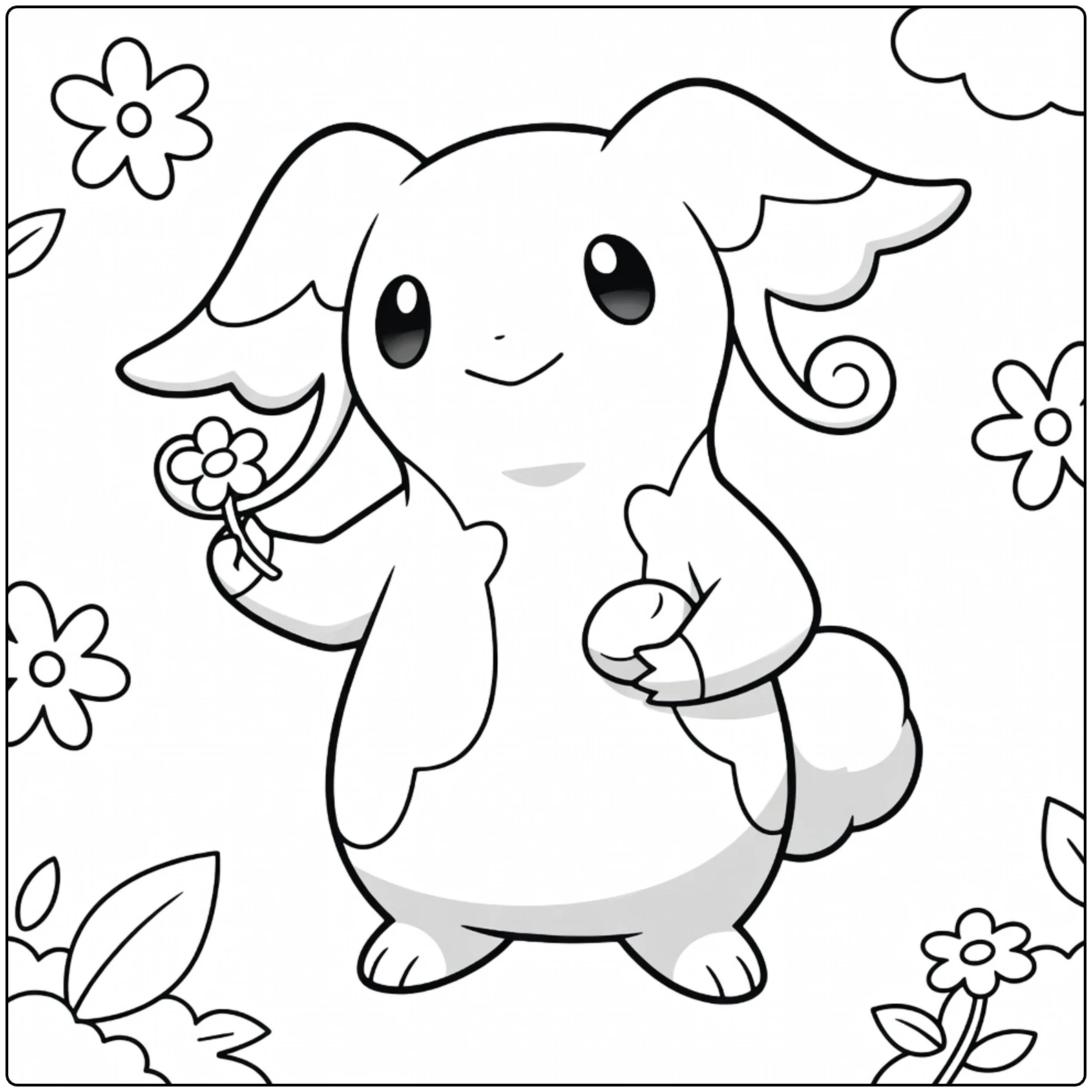 Audino kleurplaat met bloemen en wolken