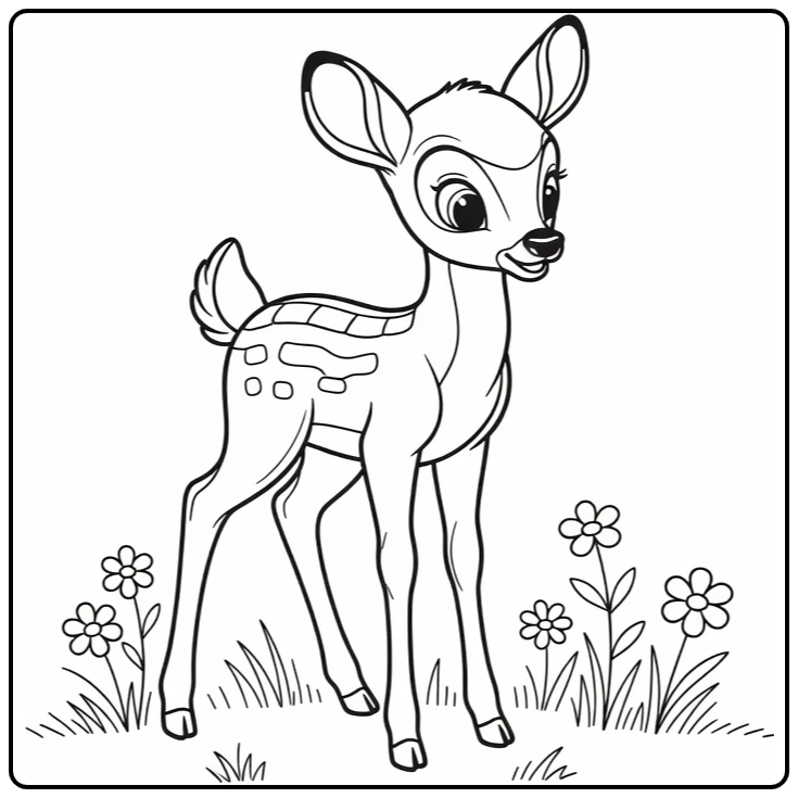 Bambi kleurplaat: schattig hertje in bos met bloemen en gras