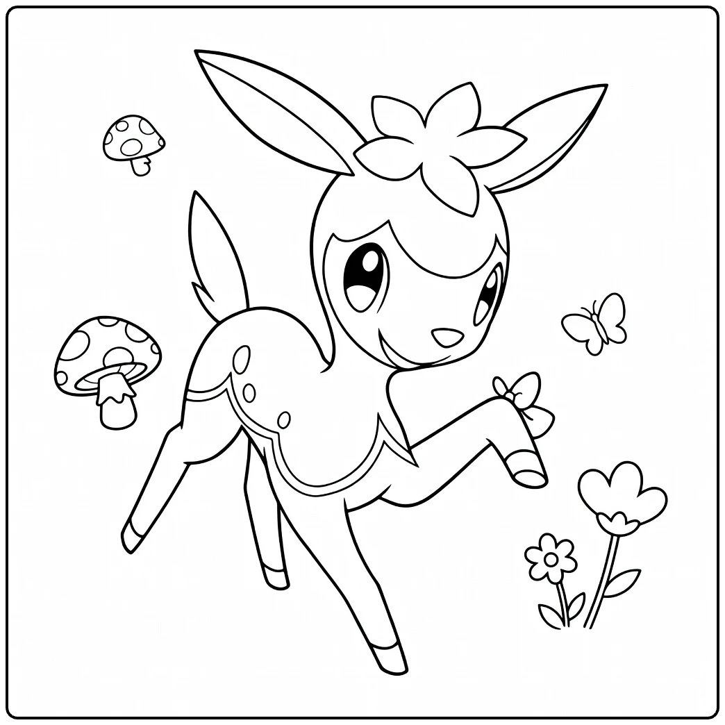 Deerling kleurplaat met paddenstoelen, bloemen en vlinders