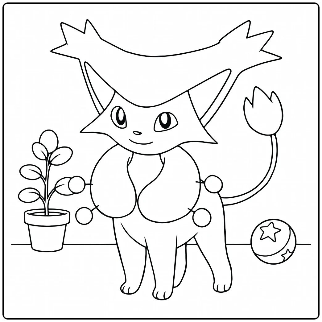 Delcatty kleurplaat met plant, bal en tulpstaart
