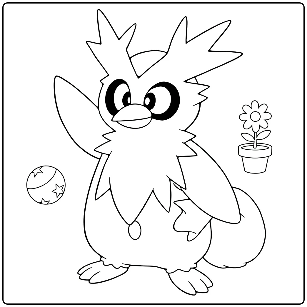 Delibird Kleurplaat met Pokéball en madeliefje