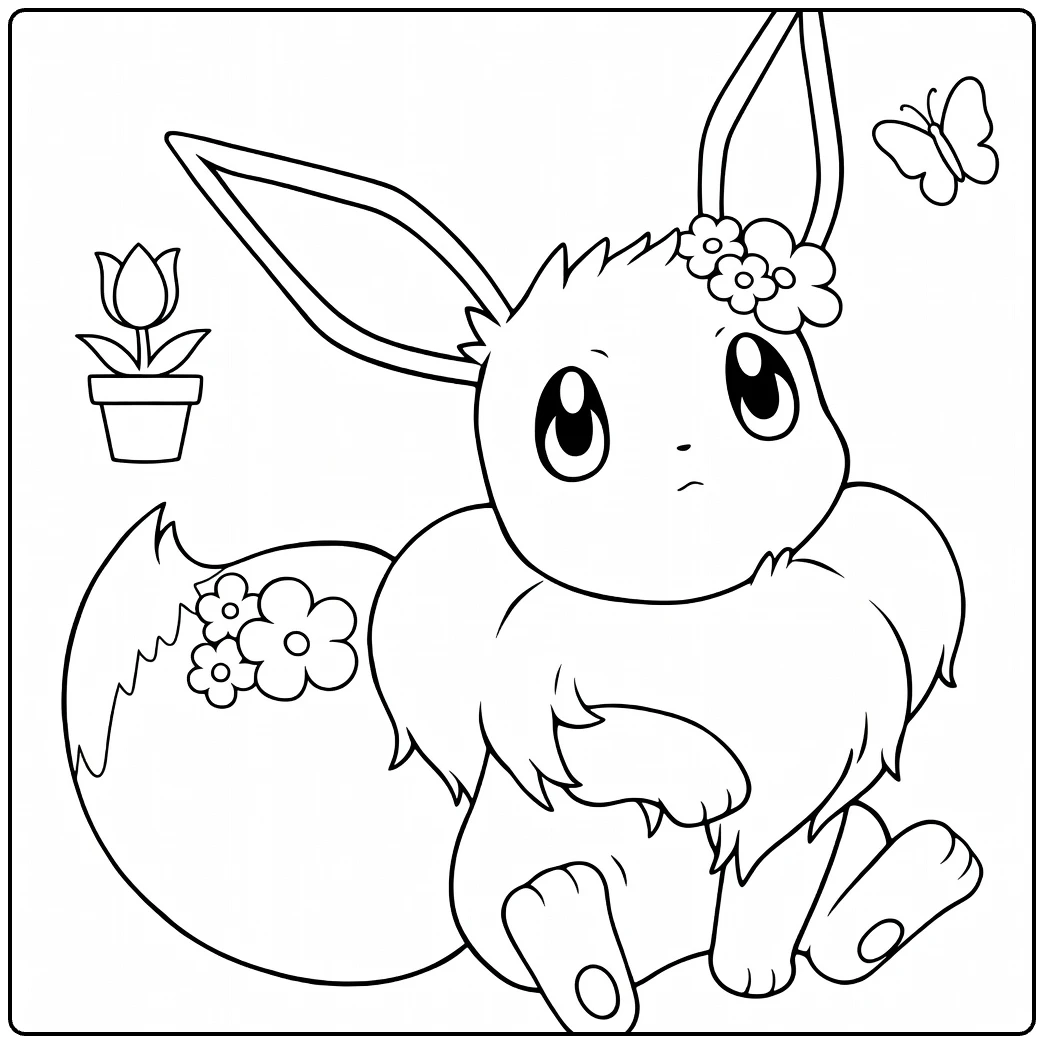 Eevee kleurplaat met bloemenkrans, vlinder, tulp
