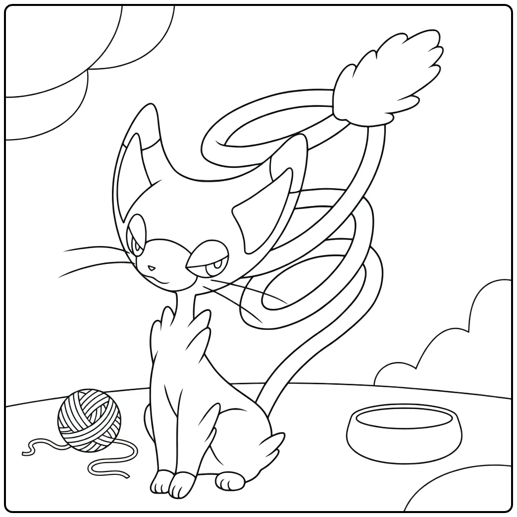 Glameow kleurplaat: poes met krulstaart, wolbol, bakje