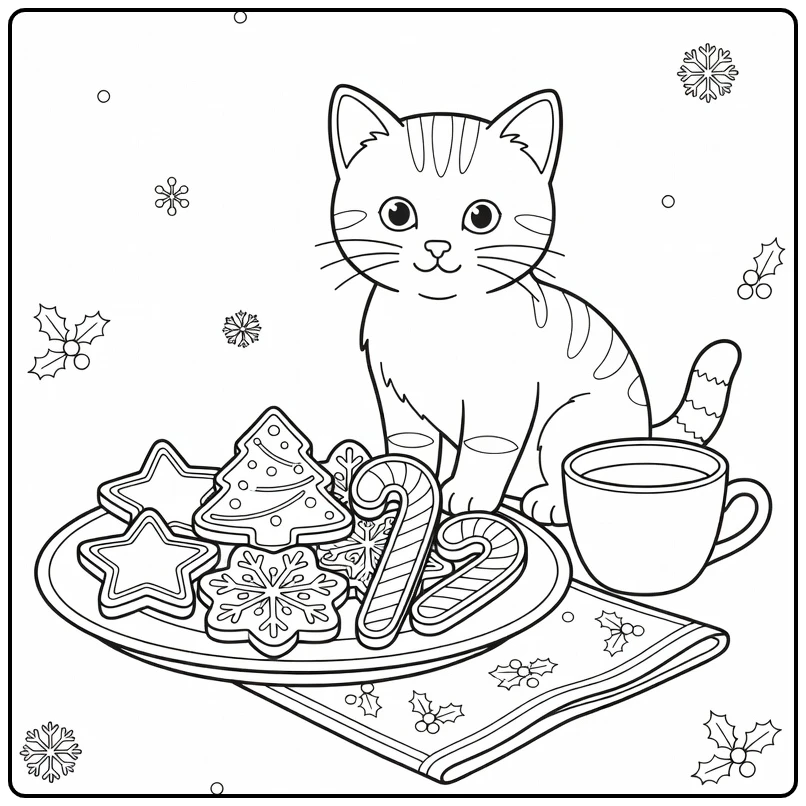 Kleurplaat kerst kitten naast bord met koekjes en kopje