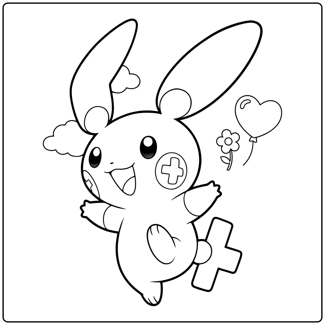 Plusle Kleurplaat met hartballon, bloem en wolken