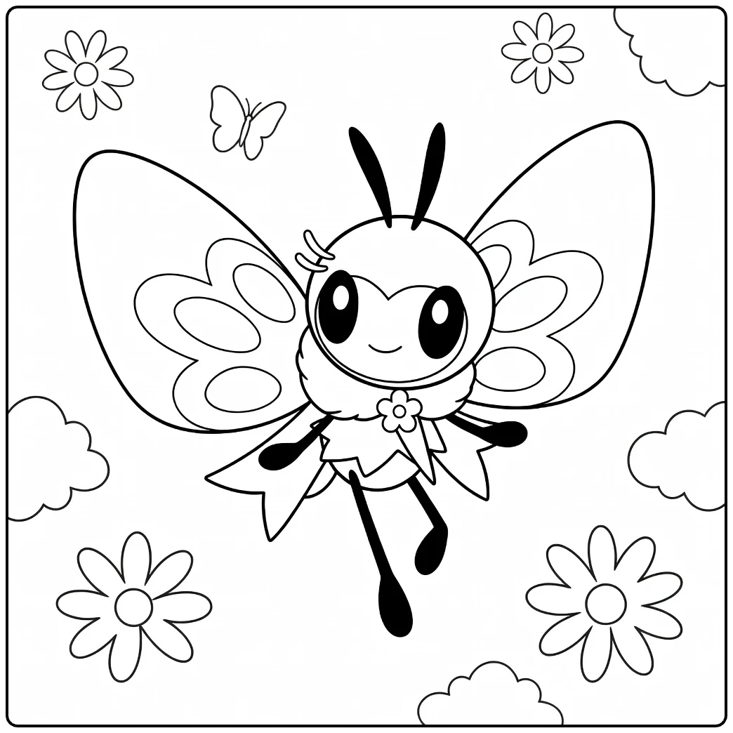 Ribombee Kleurplaat met bloemen, vlinders en wolken