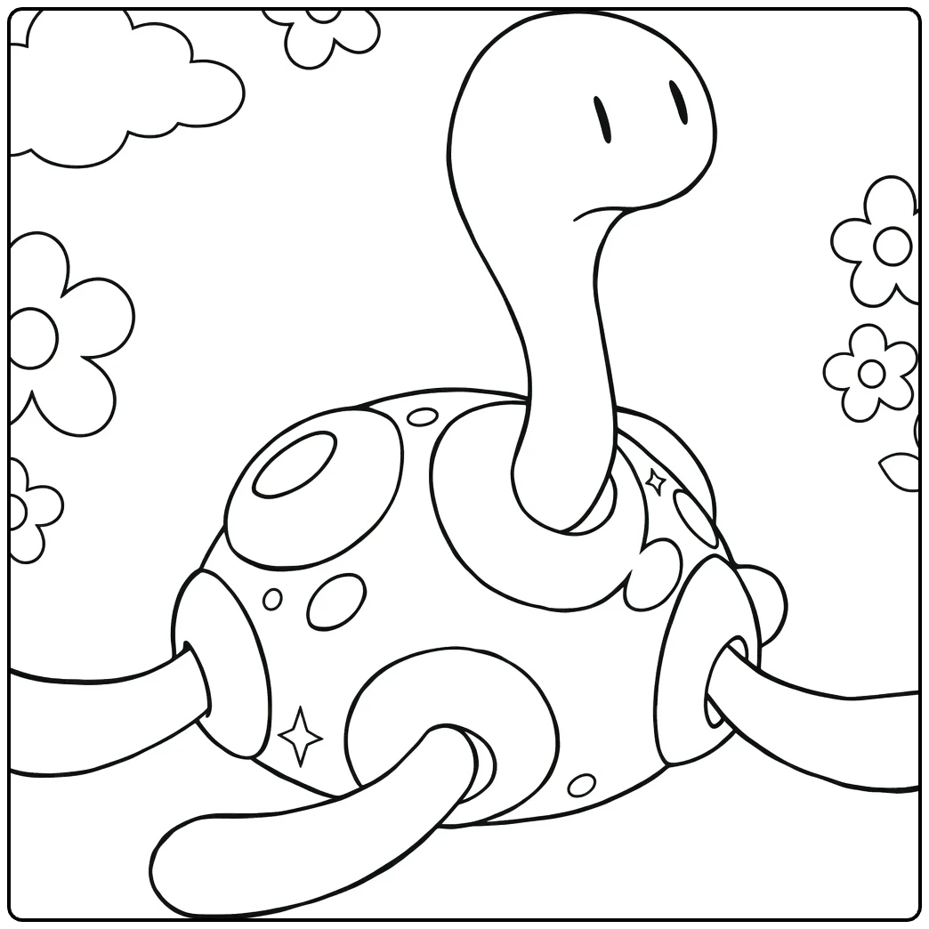Shuckle kleurplaat met bloemen, wolken en sterren