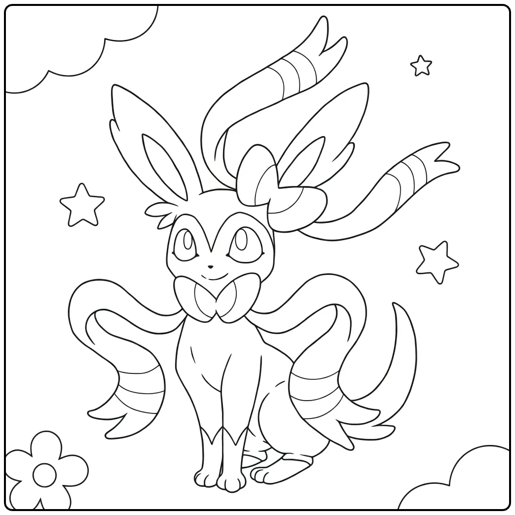 Sylveon Kleurplaat met linten, sterren en wolken