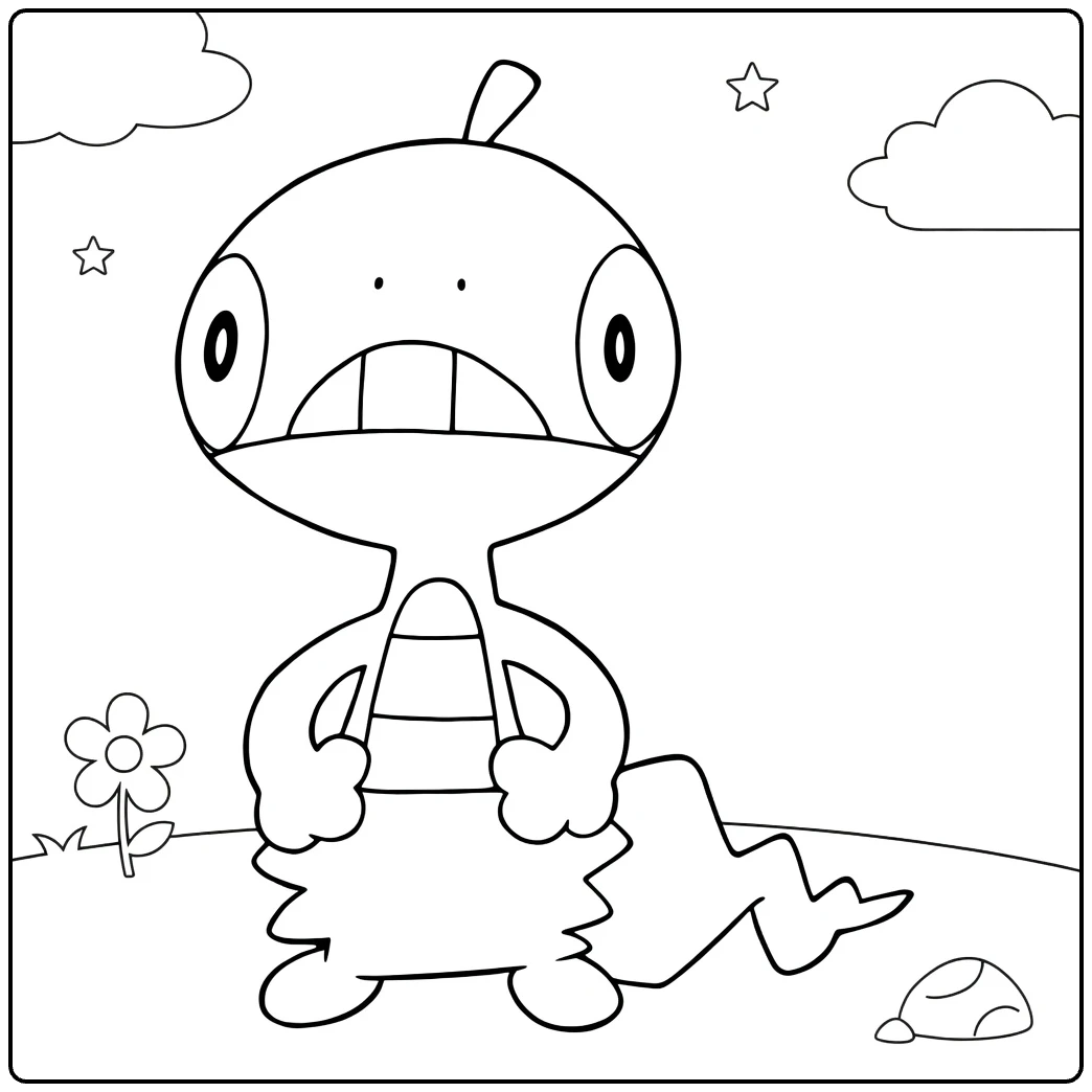 Scraggy Kleurplaat: brullende Scraggy met bloemen en sterren