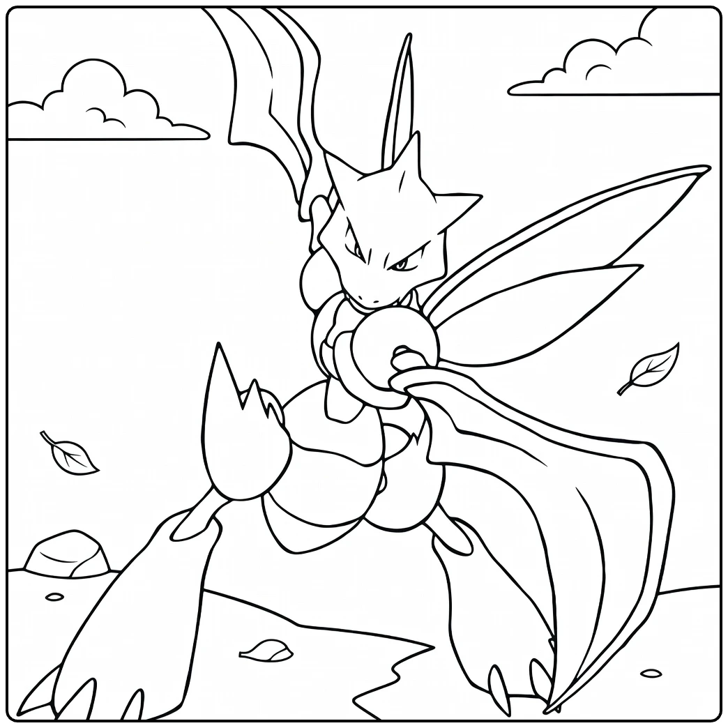 Scyther kleurplaat: vliegende Pokémon met sikkels
