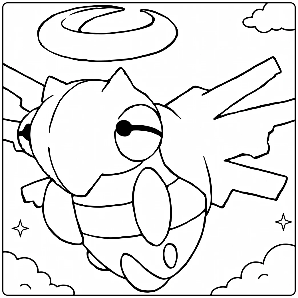 Shedinja kleurplaat: vliegende Pokémon met halo en vleugels
