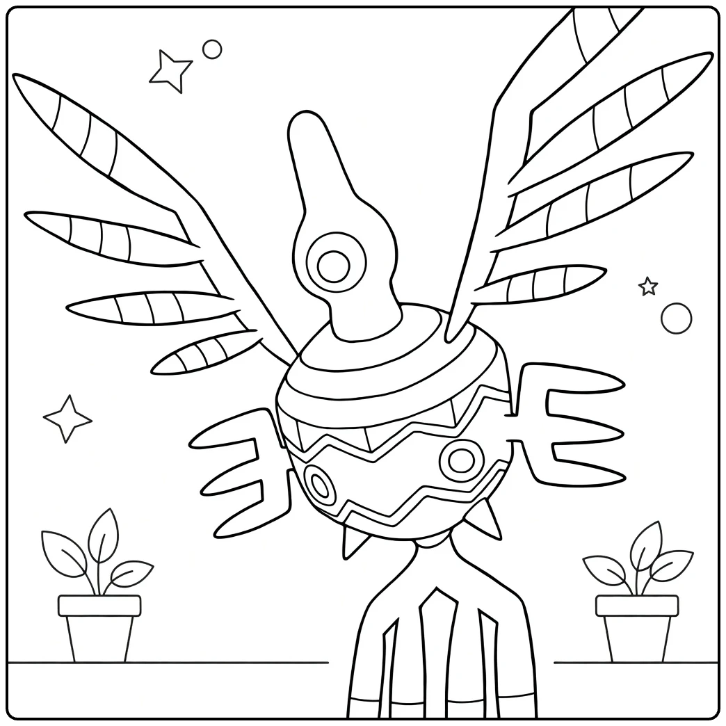 Sigilyph Kleurplaat Pokémon vogel met vleugels en planten