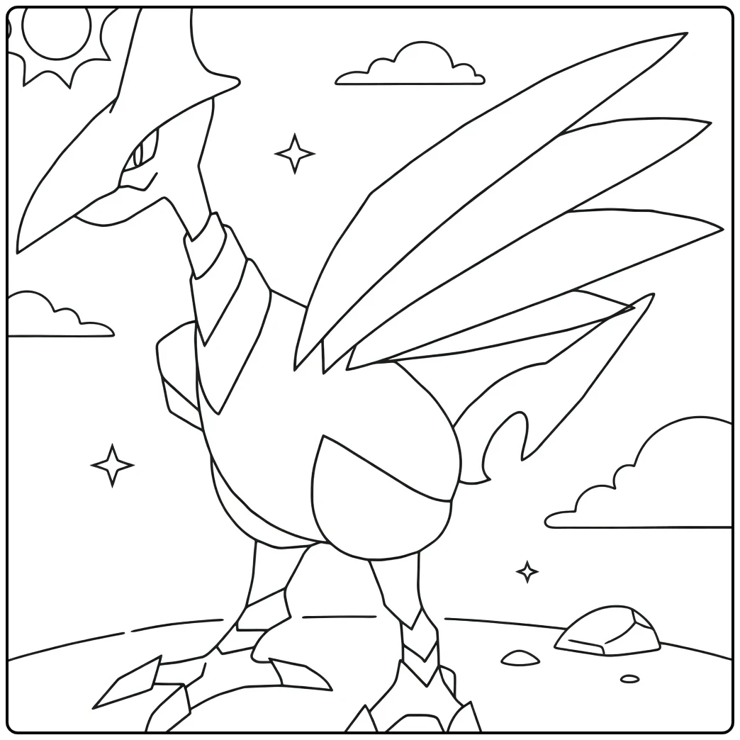 Skarmory Kleurplaat: stalen Pokémon met zon en wolken