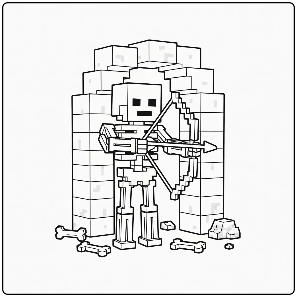 minecraft kleurplaat skelet met boog bij stenen boog
