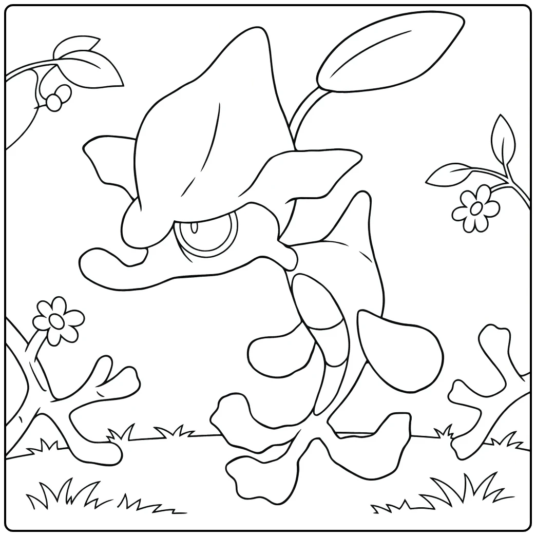 Skrelp Kleurplaat: zeedraak Pokémon met zeegras en bloemen