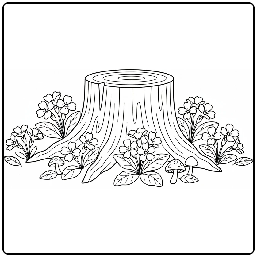 Sleutelbloem kleurplaat met bloemen bij boomstronk en paddenstoelen
