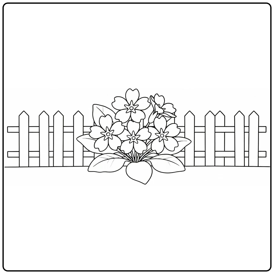 Sleutelbloem kleurplaat met bloemen bij tuinhek
