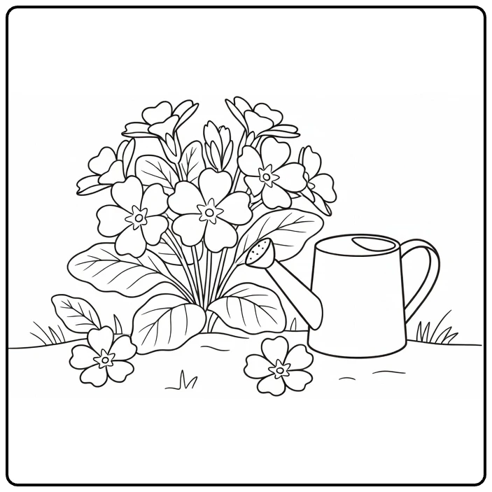 Sleutelbloem kleurplaat met bloemen en gieter in tuin
