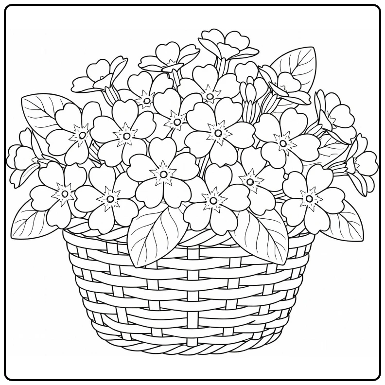 Sleutelbloem kleurplaat met mand vol bloemen
